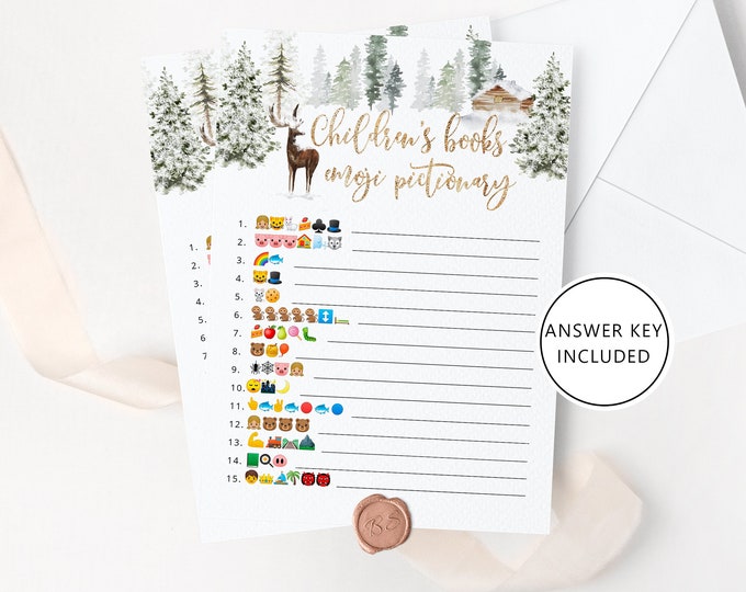Children's Book Emoji Pictionary. Winter Baby Shower emoji pictionary guessing game with answers. Winter woodland emoji Instant download #w3