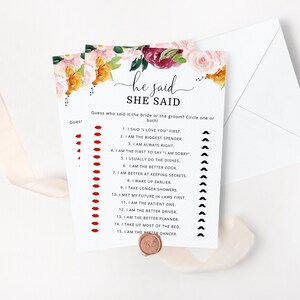 Fall He said she said Bridal Shower Game, Printable fall bridal Shower Games. Bride or Groom Hen Party Games Instant Download #fp