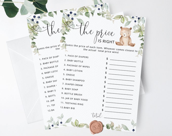 Bear the Price is Right Baby Shower Game. Bear baby shower game. Guessing Game. Woodland Baby Shower Game. Instant Download #w1