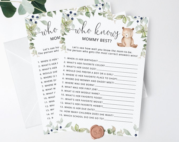 Who Knows Mommy Best. Little bear baby shower game. Teddy bear Baby Shower Game Printable. Instant Download #w1