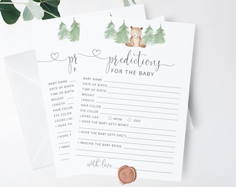Baby predictions card. Bear Baby Shower Game. Woodland predictions for baby card. Teddy bear baby shower game. Instant Download #w2
