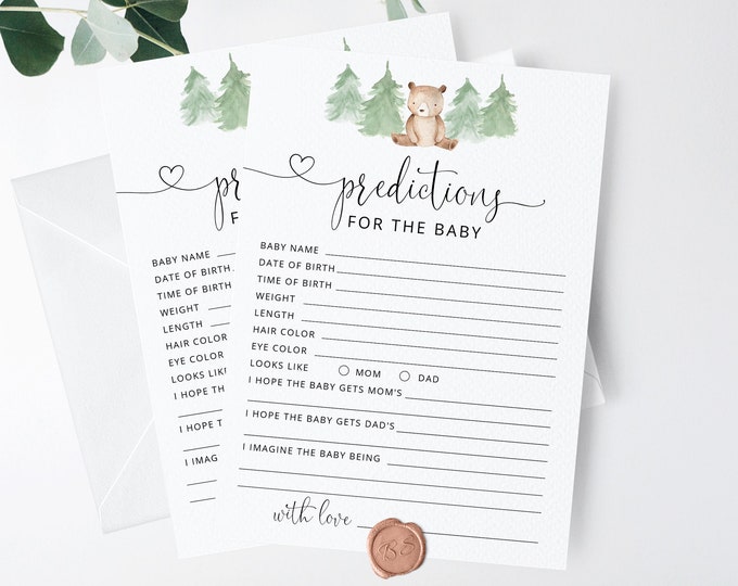 Baby predictions card. Bear Baby Shower Game. Woodland predictions for baby card. Teddy bear baby shower game. Instant Download #w2