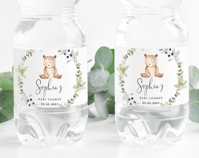 Bear Baby Shower Water Bottle Labels. Woodland Water Bottle Labels. Editable little bear water bottle label.  Corjl template #w1