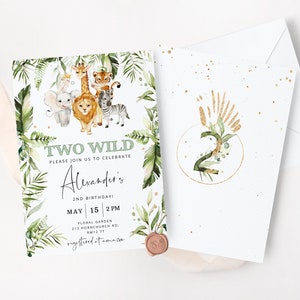 Editierbare Safari Two Wild Birthday Einladung. Bearbeitbare Party Tiere Geburtstag Einladung. Geschlechtsneutrale Dschungeltiere 2. Geburtstag #saf4