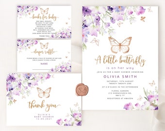 Butterfly Baby Shower Invitation template. Lilac gold butterfly baby shower invitation bundle. Butterfly kisses and baby wishes invite  #06