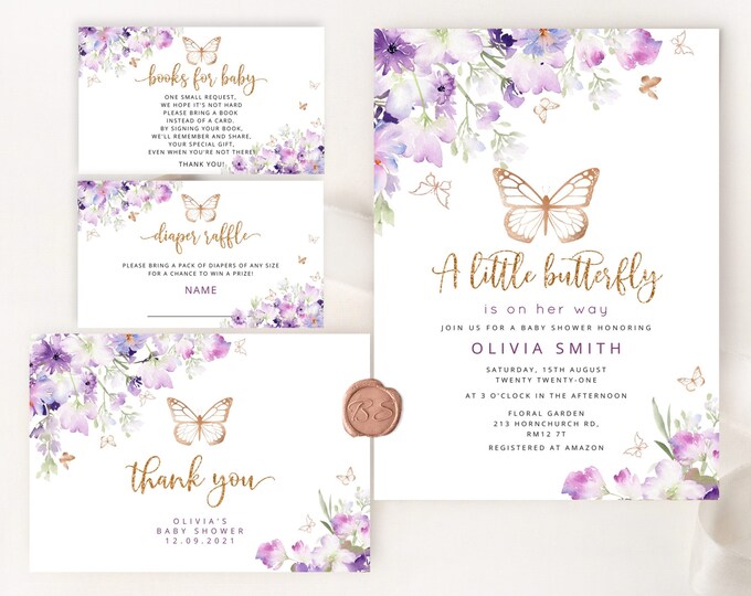 Butterfly Baby Shower Invitation template. Lilac gold butterfly baby shower invitation bundle. Butterfly kisses and baby wishes invite  #06