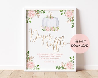 Pumpkin diaper raffle sign. Fall diaper raffle sign. Blush pink gold Fall baby shower decor. Fall baby shower decor Instant Download #p3