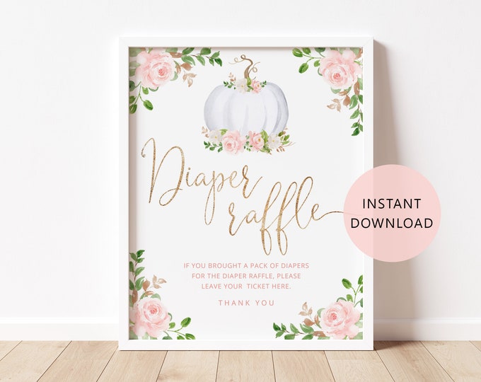 Pumpkin diaper raffle sign. Fall diaper raffle sign. Blush pink gold Fall baby shower decor. Fall baby shower decor Instant Download #p3