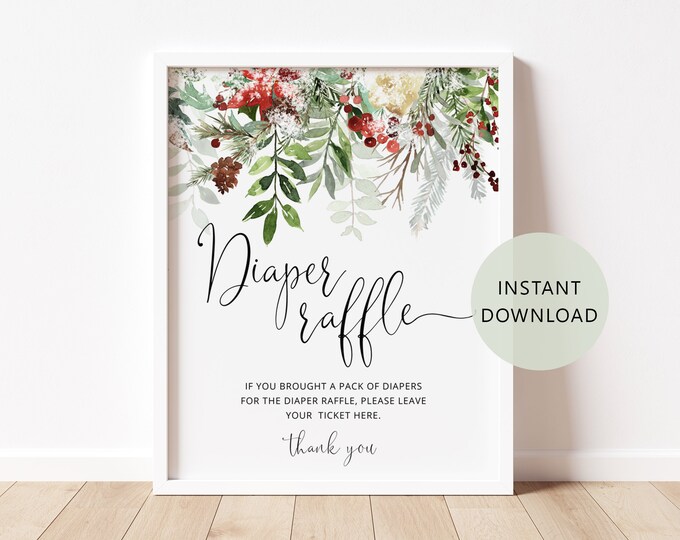 Winter diaper raffle sign.  Winter baby shower games.  Winter baby shower decor. Evergreen diaper raffle sign. Instant Download #rg2