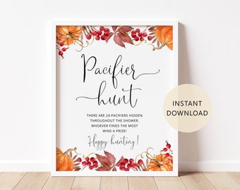 Pacifier Hunt Sign, Fall Baby Shower Sign, Pumpkin Baby Shower Game. Find The Pacifier Game Printable. Instant Download #p1