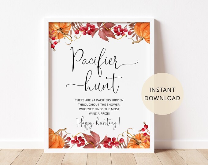 Pacifier Hunt Sign, Fall Baby Shower Sign, Pumpkin Baby Shower Game. Find The Pacifier Game Printable. Instant Download #p1
