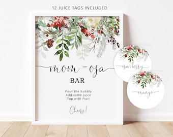 Winter Mom-osa Bar Sign, Evergreen Bubbly Bar, Juice Tags (PDF & JPEG) #rg2