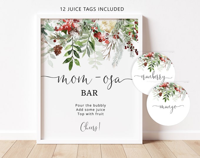 Winter Mom-osa Bar Sign, Evergreen trees Bubbly Bar Sign. Winter Baby Shower Decoration Signs, winter mom-osa bar juice tags #rg2