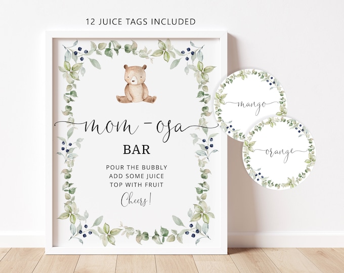Bear Mom-osa Bar Sign, Little Bear Bubbly Bar Sign. We can bearly wait Baby Shower Decoration Signs, greenery momosa bar juice tags #w1