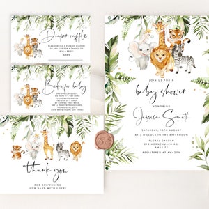 Forfait Safari Baby Shower Invitation. Forfait d’invitation à la baby shower de la jungle dorée et verdoyante. Safari wild one Baby Shower Invitation set.  #saf3
