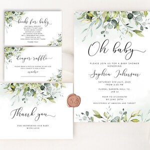 Greenery Baby Shower Invitation template. Oh baby baby shower invitation bundle. Eucalyptus Baby Shower Invitation set #02
