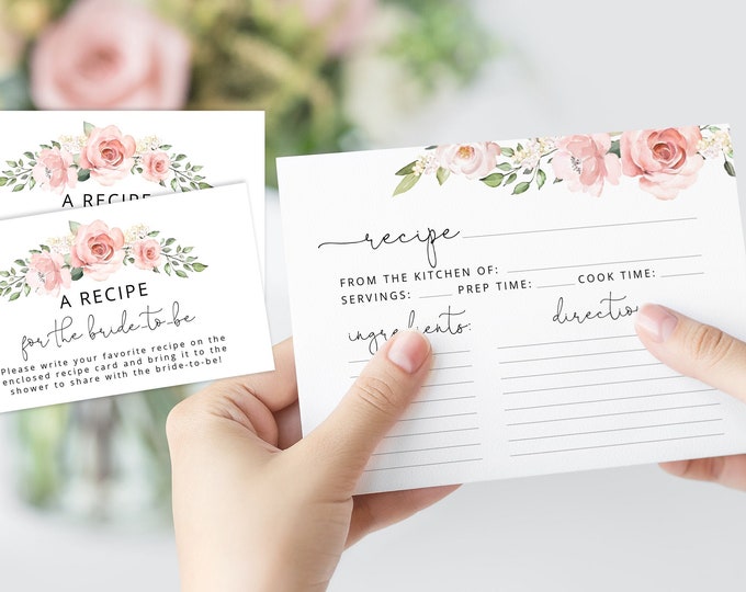 Boho floral recipe card printable. Recipe card template. Bridal shower recipe card. Flowers recipe card template. #BR2