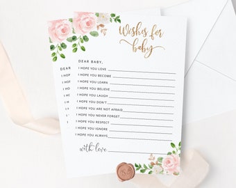 Wishes for Baby card. Floral blush gold wishes for baby. Printable wishes for baby. Blush Baby Shower Games. Instant download #fl1