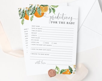 Baby predictions card. Orange Baby predictions card. Little cutie baby shower games. Citrus predictions card or1
