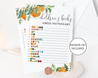 Children's Book Emoji Pictionary. Orange Baby Shower emoji pictionary guessing game with answers. Little cutie baby shower #or1