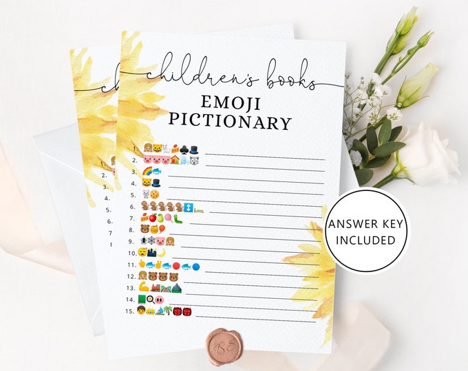 Sunflower Children's Book Emoji Pictionary. Sunflower Baby Shower emoji pictionary guessing game with answers Instant download #sun1