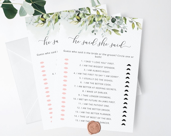 He said she said Bridal Shower Game, Greenery he said she said game. Eucalyptus Bride or Groom Hen Party Games Instant Download #01