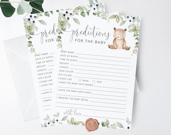Baby predictions card. Little bear Baby Shower Game. Woodland predictions for baby card. Teddy bear baby shower game. Instant Download #w1