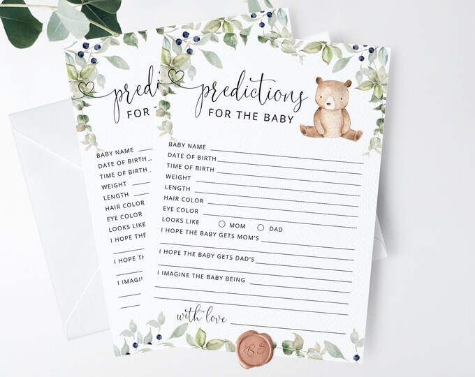 Baby predictions card. Little bear Baby Shower Game. Woodland predictions for baby card. Teddy bear baby shower game. Instant Download #w1