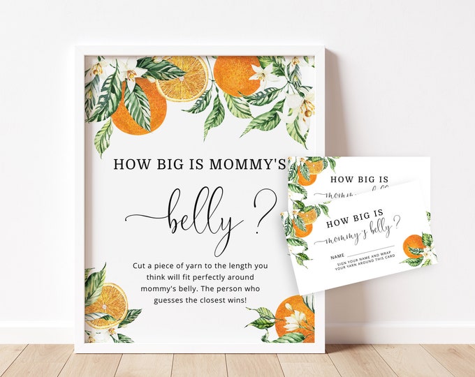 Orange How Big is Mommy's Belly Game. Citrus baby shower games. Belly Guessing Game. Instant Download #or1
