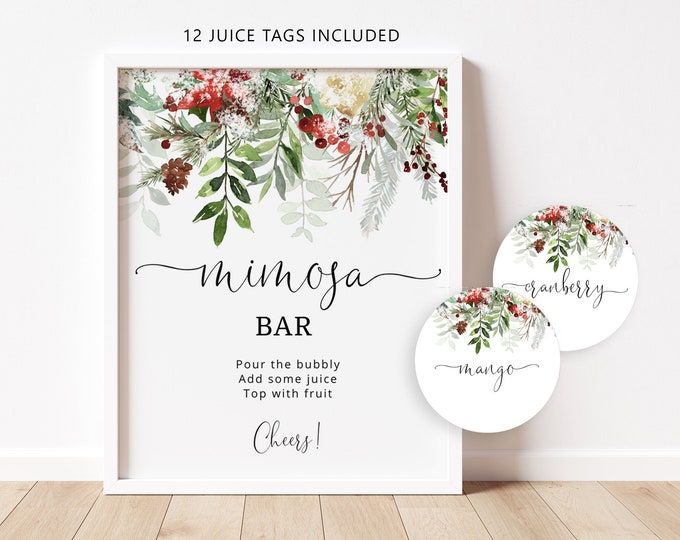 Winter Mimosa Bar Sign, Bridal Bar Printable, Bubbly Bar Sign, Evergreen Bridal Shower Decoration Signs, mimosa bar juice tags #rg2