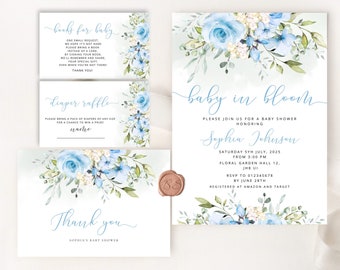 Baby in bloom Baby Shower Invitation template. Floral blue baby shower invitation bundle. Floral Baby Shower Invitation set #fl3
