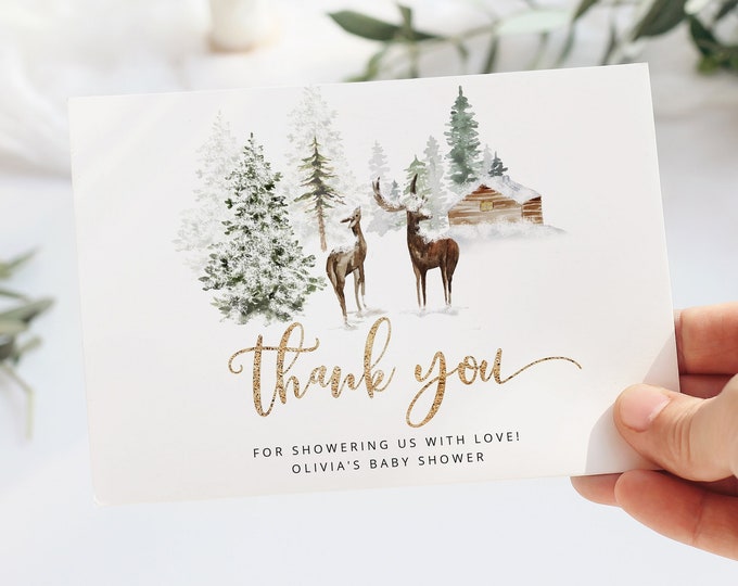 Winter deer Thank You Cards Printable Template.  Forest deer thank you card. Winter baby shower. Woodland holiday thank you card #w3