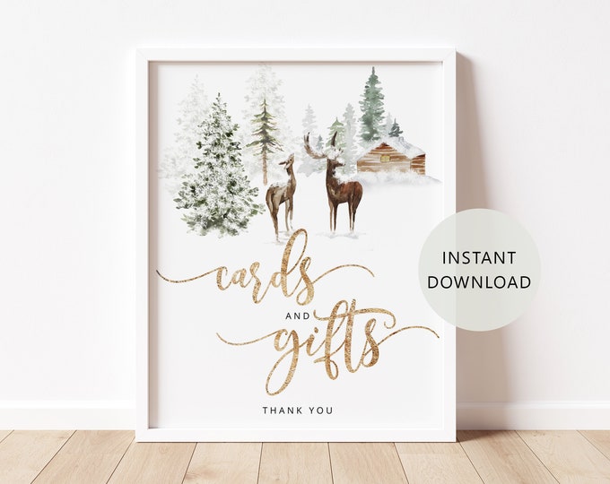 Winter Cards and Gifts Sign. Winter baby shower Cards & Gifts Sign. Deer woodland baby shower decoration. Instant Download #w3