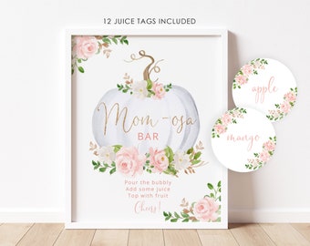 Pumpkin Momosa Bar Sign, Fall Bubbly Bar Sign. Blush pumpkin Baby Shower Decoration Signs, fall momosa bar juice tags #p3