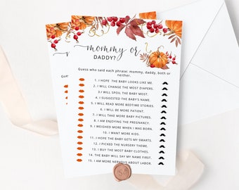 Pumpkin Guess Who Said It Mommy or Daddy. Pumpkin Baby Shower Game. Fall Mommy or Daddy Guess Who Baby Game Instant Download #p1