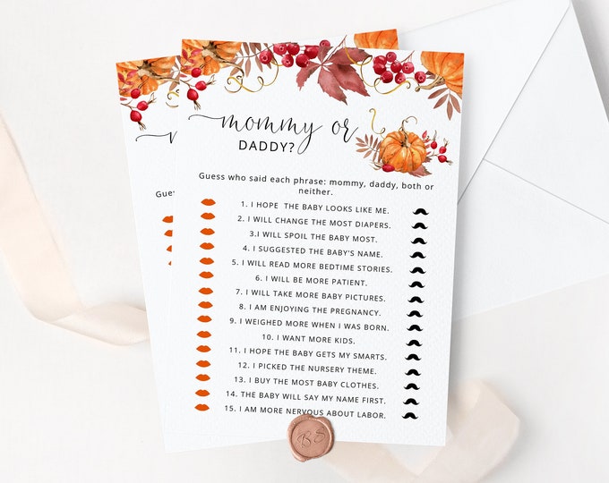 Pumpkin Guess Who Said It Mommy or Daddy. Pumpkin Baby Shower Game. Fall Mommy or Daddy Guess Who Baby Game Instant Download #p1