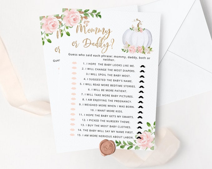 Pumpkin Guess Who Said It Mommy or Daddy. Pumpkin Baby Shower Game. Fall Mommy or Daddy Guess Who Baby Game Instant Download #p3