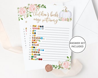 Children's Book Emoji Pictionary. Blush pink, gold Pumpkin Baby Shower emoji pictionary guessing game with answers. Instant download #p3