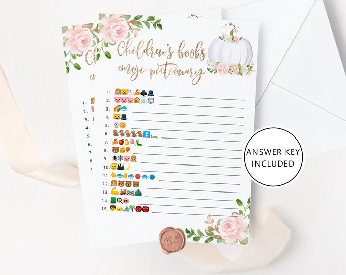 Children's Book Emoji Pictionary. Blush pink, gold Pumpkin Baby Shower emoji pictionary guessing game with answers. Instant download #p3