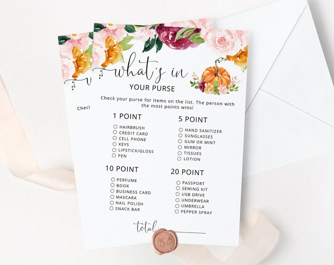 What's in Your Purse Game. Pumpkin what's in your purse baby shower games. Fall Whats in Your Purse game. Instant Download #p2