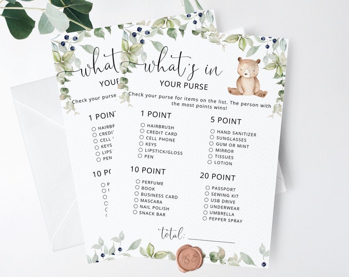 What's in Your Purse Game. Bear what's in your purse baby shower games. Greenewy woodland Whats in Your Purse game. Instant Download #w1