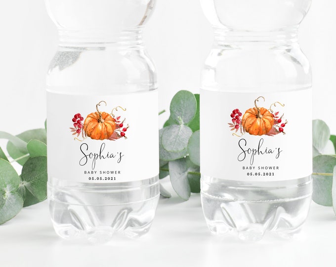 Pumpkin Baby Shower Water Bottle Labels, Fall Water Bottle Labels. Editable Fall Pumpkin water bottle label.  Corjl template #p1