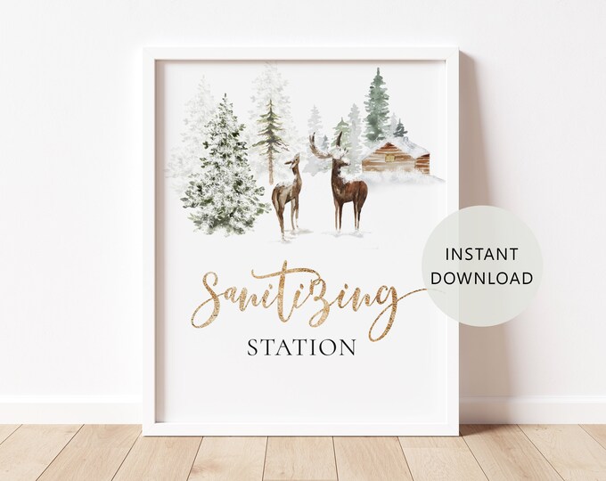 Sanitizing Station Sign Printable. Winter sanitizing station sign. Winter Social Distance  Sign. Spread joy not germs Evergreen  #w3