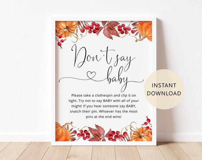 Pumpkin Don't say baby game sign. Fall baby shower decor. Pumpkin theme baby shower. Instant Download #p1