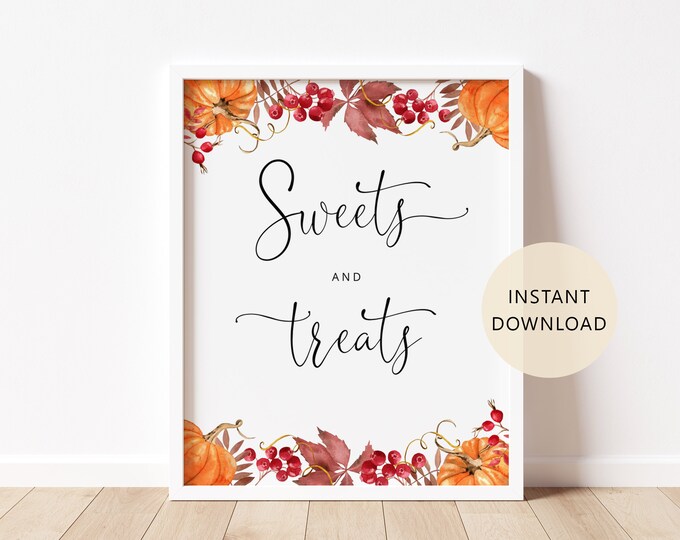 Pumpkin Sweets and treats sign. Fall sweets and treats Sign. Fall baby shower decor. Instant Download #p1
