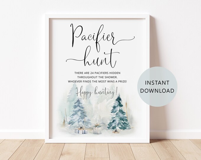 Winter Pacifier Hunt Sign. Winter Baby Shower Sign. Winter Baby Shower Game. Find The Pacifier Game Printable. Instant Download #ad4