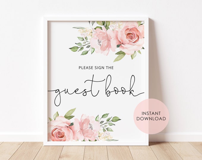 Blush Pink Floral Guestbook Sign. Bridal Shower Guestbook Sign.  Printable guestbook sign. Instant Download #br2