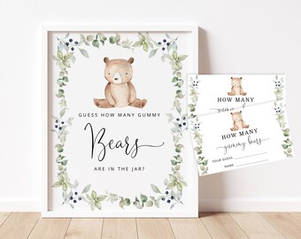 Guess How Many gummy bears Are In The Jar. Greenery guessing Baby Shower Game. Bear guess how many guessing game.  Instant Download #w1
