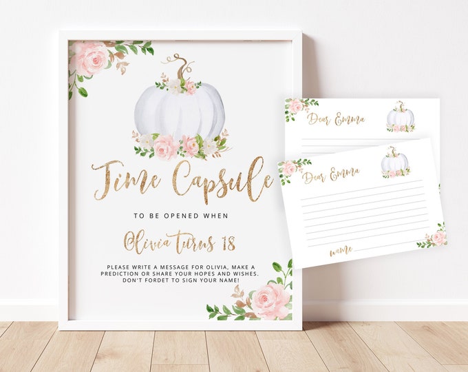 Pumpkin Time Capsule Sign and message card. First Birthday Time Capsule Sign with Matching Message Card. Girl birthday Instant download #p3