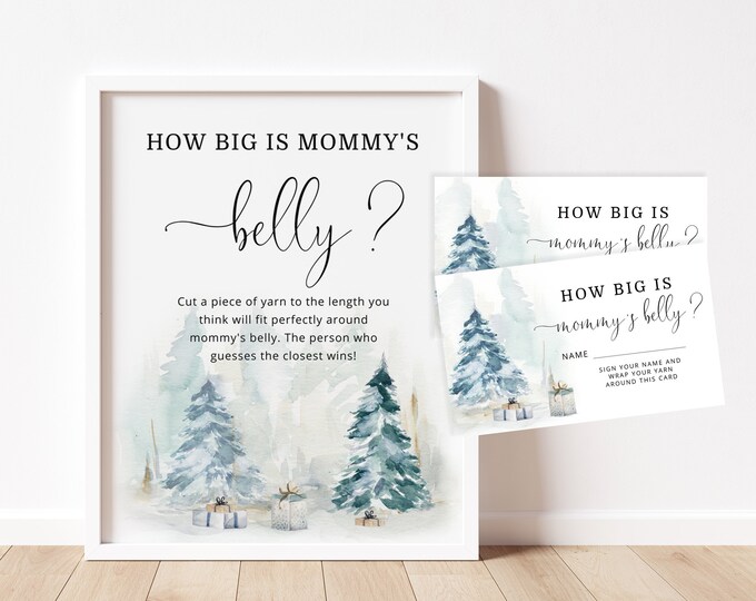 Winter How Big is Mommy's Belly Game. Winter baby shower games. Belly Guessing Game. Pine tree baby shower games.  Instant Download #ad4